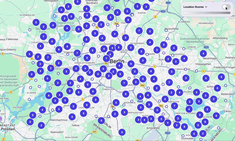 Mapalizer toolbar showing location scores on a map
